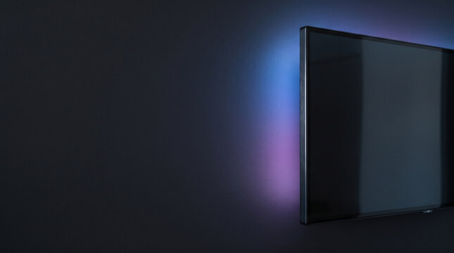 Modern flat screen television mounted against dark wall with ambient light glowing displays sleek flat vibrant blue purple entertainment technology