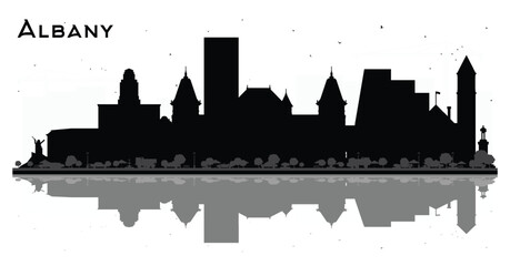 Naklejka premium Albany New York City Skyline Silhouette with Black Buildings Isolated on White. Albany USA Cityscape with Landmarks. Business Travel and Tourism Concept with Modern Architecture.