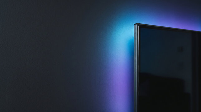 Modern flat screen television display bordered by ambient blue and purple backlit wall glow with screen illuminated vibrant ambient light with showcases sleek edge