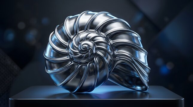 A highgloss metallic nautilus shell sculpture on a pedestal against a dark blurred background