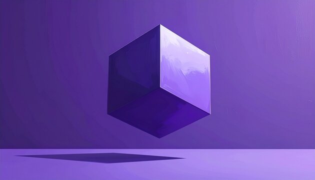 Floating purple geometric cube in minimalist scene.