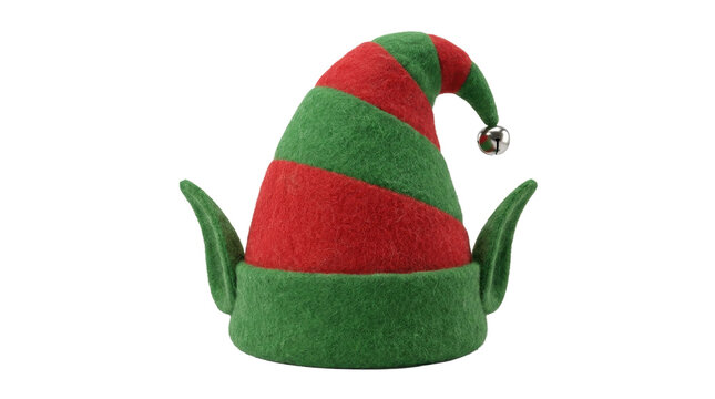 Christmas Elf Hat with Bell: A festive elf hat adorned with red and green stripes and small green ears, complete with a tiny jingle bell at its tip, ready for holiday celebrations.