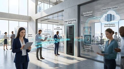 Fototapeta premium Edge computing node and cloud data center synchronization in modern office environment