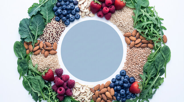 Circular arrangement healthy whole foods with nuts surrounding central space including berries greens arrangement nutritious displays circular