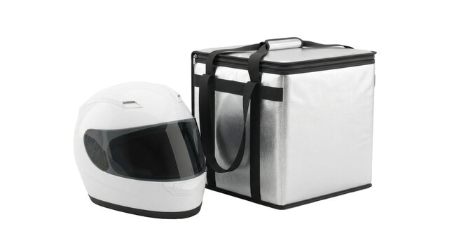 Delivery Set: A sleek white helmet and a silver insulated delivery bag are neatly placed together, ready for swift and efficient transportation of goods.