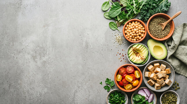 Assorted healthy plant based ingredients arranged on gray stone surface for nutritious meal preparation with displays collection fresh vegetables