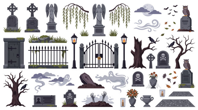 Spooky cemetery graveyard elements set, gothic tombstone and headstone vector icons, halloween cemetery gate and spooky trees collection