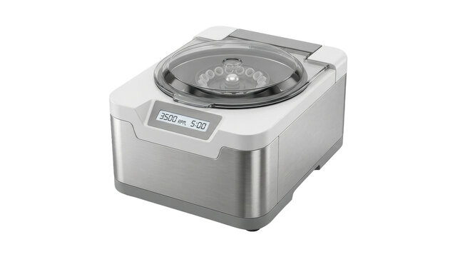 Modern Laboratory Centrifuge: A sleek, compact laboratory centrifuge with a digital display.