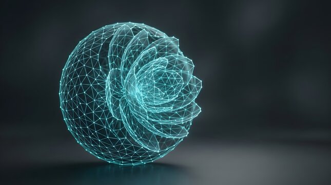 Digital wireframe sphere containing a glowing geometric flower shape on a dark studio floor