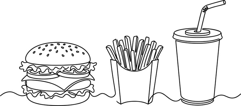 Continuous line art fast food vector illustration set with a burger, French fries, and drink