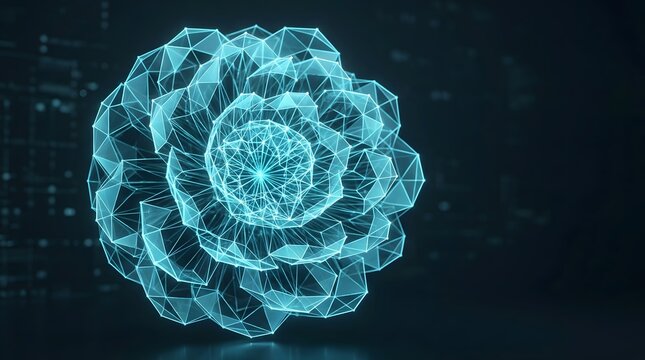 Intricate glowing blue polygonal flower structure made of interconnected lines and nodes on a dark background