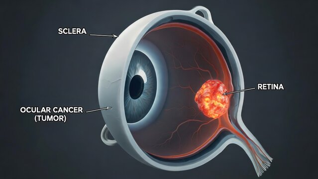 3D medical cross-section illustration of ocular cancer, labeled human eyeball showing malignant tumor growing on retina, sclera anatomy, ophthalmology pathology diagram