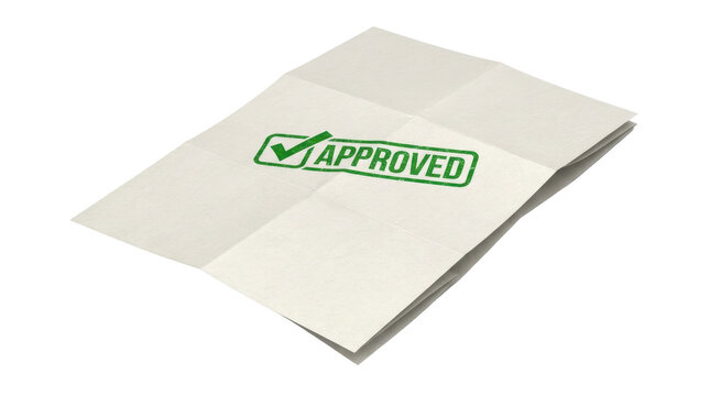 Approved Document: A folded white paper document, stamped with a green Approved seal and a checkmark, signifies official authorization and confirmation.