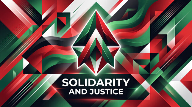 Abstract geometric graphic design featuring solidarity and justice text with dynamic red with bold geometric composition angular shapes surrounding