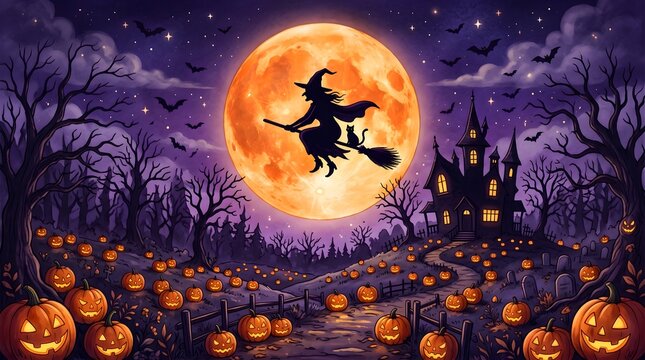 Halloween halloween illustration with witch flying on broomstick in front of full moon and haunted house