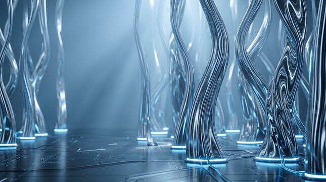 Futuristic metallic pillars on a hightech circuit board surface