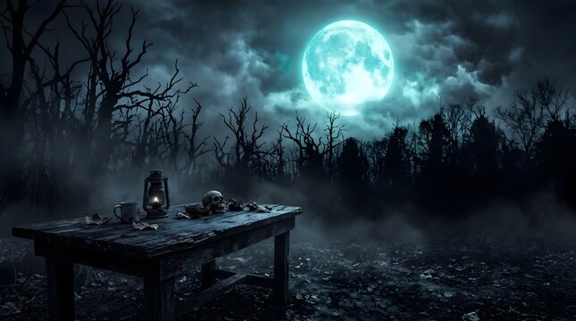 Halloween spooky halloween scene with a wooden table, skull, and lantern in a dark, foggy forest under a full moon