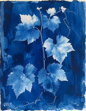 Cyanotype inspired print deep prussian blue creating pale vine leaf shapes alternative mood generative AI