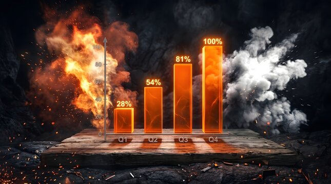 Halloween dynamic business growth chart with fiery explosion and smoke, showing quarterly performance and 100% target achievement