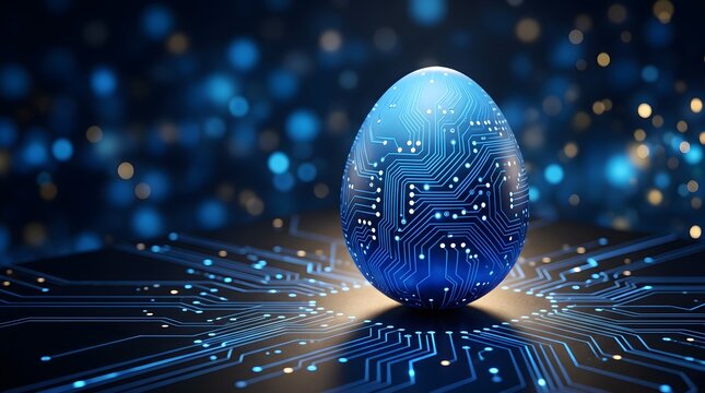Halloween futuristic digital easter egg with glowing blue circuit board pattern on a dark technology background