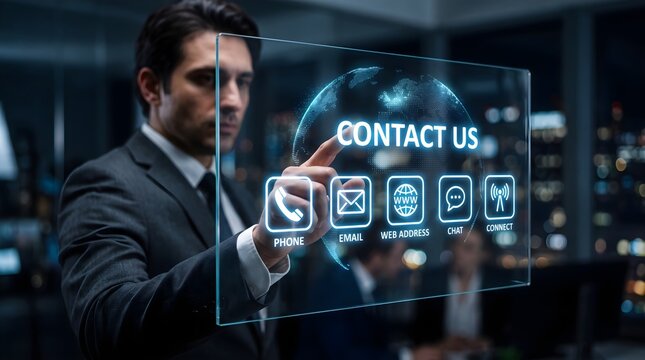 Halloween businessman interacting with a futuristic digital contact us interface in a modern office at night