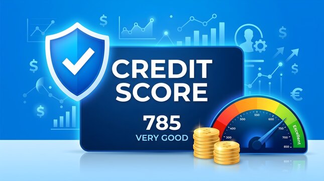 Halloween credit score concept with a gauge meter showing 785 very good rating and a shield icon with a checkmark on a blue background