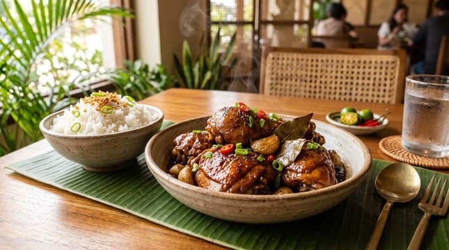 Authentic Filipino Chicken Adobo with Garlic and Steamed Jasmine Rice