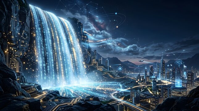 Futuristic digital waterfall with binary code flowing into a hightech smart city landscape at night
