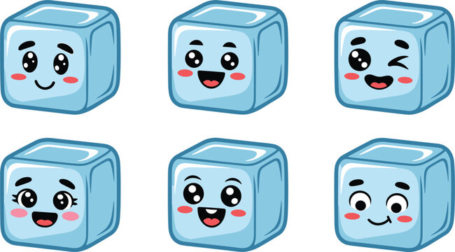 Cute cartoon ice cube mascot characters set, funny frozen emoji block icons collection on white background
