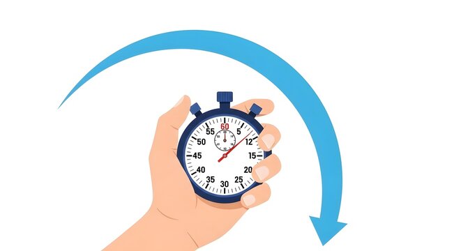 Human hand holding a stopwatch with a blue arrow on white background