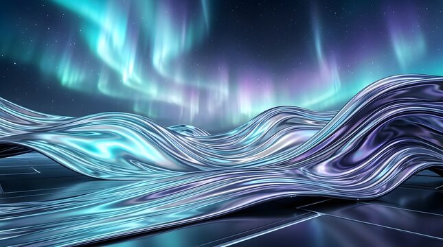 Abstract flowing metallic landscape with aurora borealis sky and starry night background