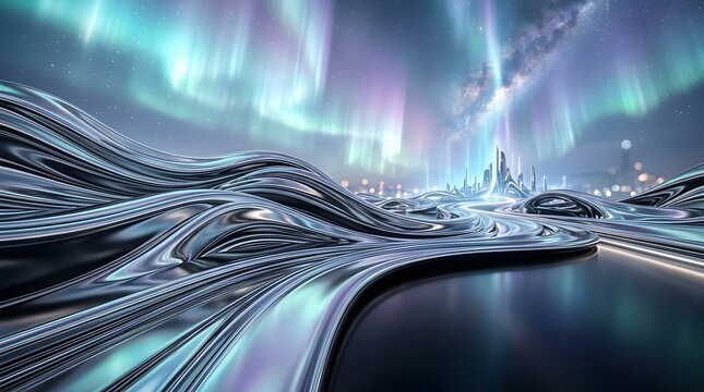 Futuristic abstract landscape with flowing metallic liquid waves under a vibrant aurora borealis and starry night sky