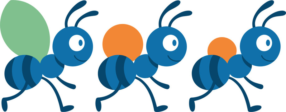 Cute minimal blue ants mascot characters set, funny cartoon worker insects colony vector on white background