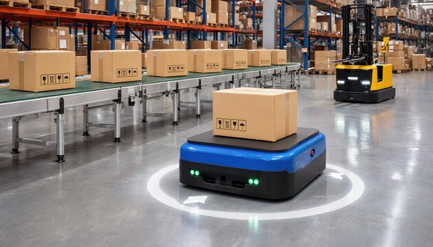 Automated warehouse robot (AGV) carrying a cardboard box on a digital path, symbolizing smart logistics, AI technology, and industrial automation efficiency- 3D rendering