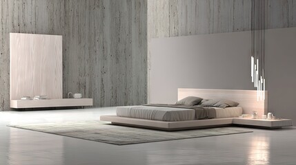 Fototapeta premium Modern minimalist bedroom interior design with large bed and abstract decor