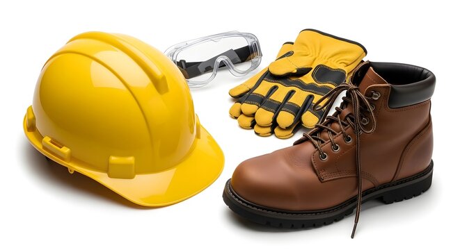 Yellow hard hat, safety goggles, gloves, and brown boot on white