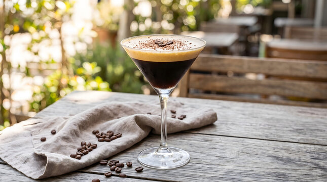 Espresso martini cocktail with creamy foam and coffee beans on rustic wooden table at outdoor cafe terrace, summer lifestyle drink with copy space