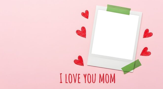 Blank polaroid frame with red hearts and I love you mom text