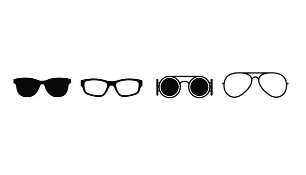 Minimalist vector graphic of four different styles of eyewear including classic sunglasses round lenses and aviators.
