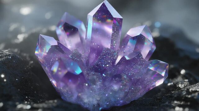 Vibrant purple amethyst crystals glowing amidst dark volcanic stones with rising mist in soft light, concept of rare discovery and healing energy