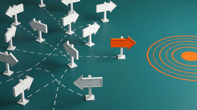 Strategic business direction concept with red arrow signage strategy direction business decision planning marketing management corporate leadership abstract background challenge