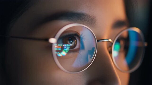 Young woman wearing round glasses reflecting digital data and stock market charts on screen in dark room, concept of financial analysis and future technology