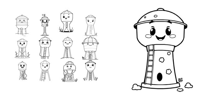 Smiling Cartoon Water Tower With A Tiny Ladder Coloring Page