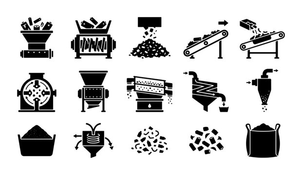 Industrial waste recycling machinery icons, 15 black vector elements for plastic processing, factory shredder and conveyor belt equipment set