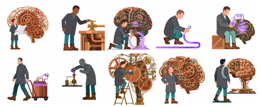 Collection of scientists and technicians working on complex steampunk mechanical brains and machinery in flat vector style