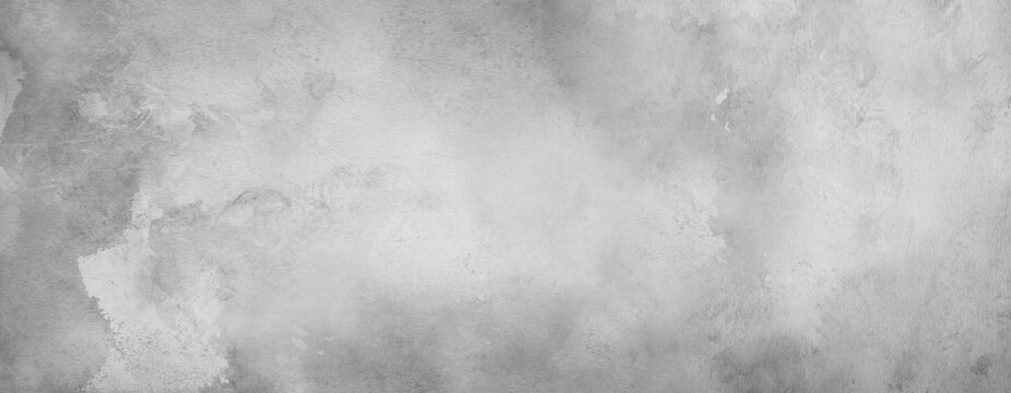 Rough, grunge wall. Monochrome, white, black, grey. Watercolor. Stone, plaster, concrete, cracked paint, cement, weathered material. Dirty spots, stains. Abstract texture. Panoramic