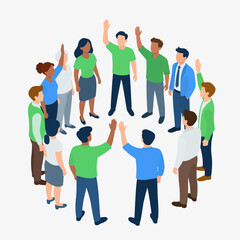 Obraz premium Diverse group of multiethnic professional people standing in a circle performing a high five gesture to celebrate success and teamwork in a clean minimalist flat vector illustration
