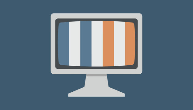 Vintage television screen showing colorful test pattern vertical stripes represents old broadcast technology.
