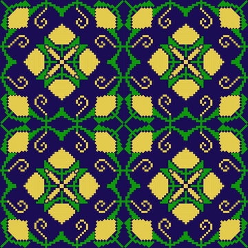 abstract seamless pattern
A seamless geometric pattern featuring yellow lotus-like motifs arranged in an alternating layout with intersecting lines against a blue background; suitable for fashion, 