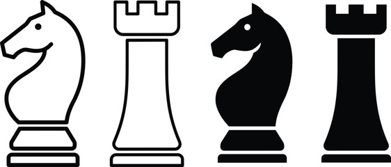 Chess knight and rook pieces icon set featuring black solid and outline vector styles isolated on white background © KP Studio